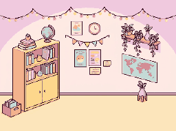 A sala da Luna: livros, plantas, mapa-múndi e luzinhas em pixel art